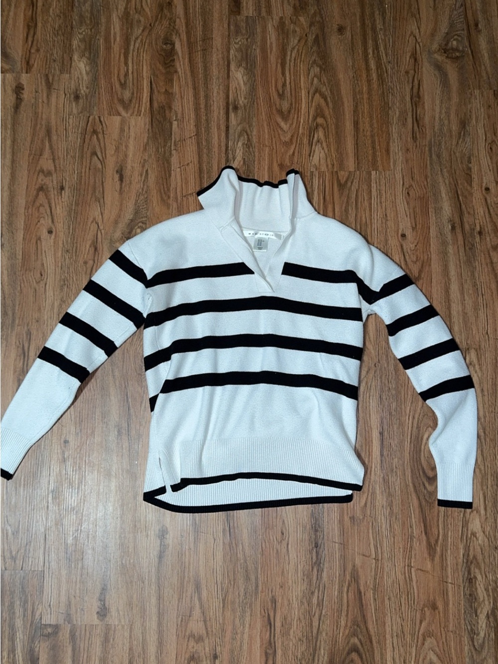Max Studio Black & White Striped Johnny Collar Knit Sweater (Size XS)